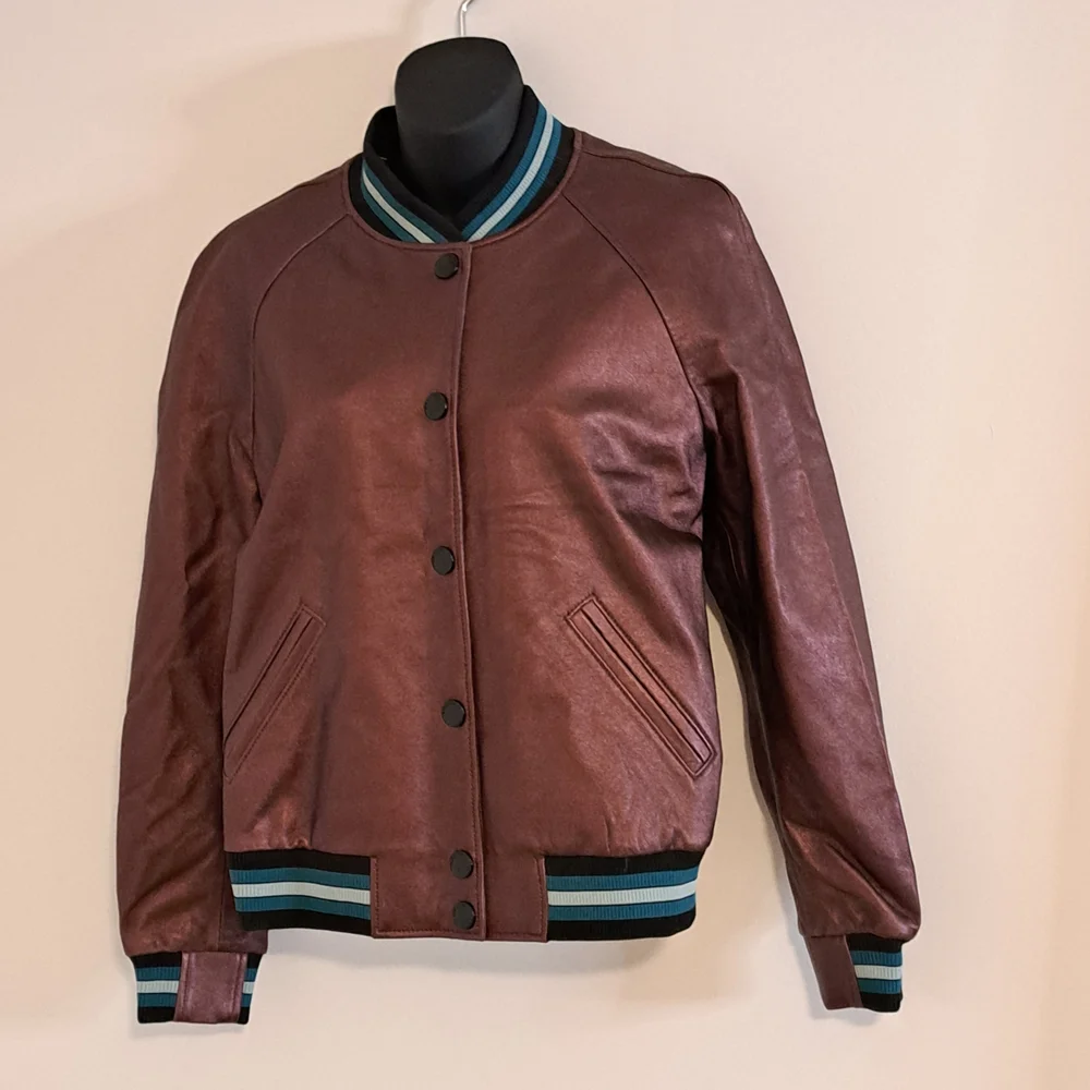 Coach Rexy Leather Varsity Jacket With Athletic Stripe Accents Misses Size Small